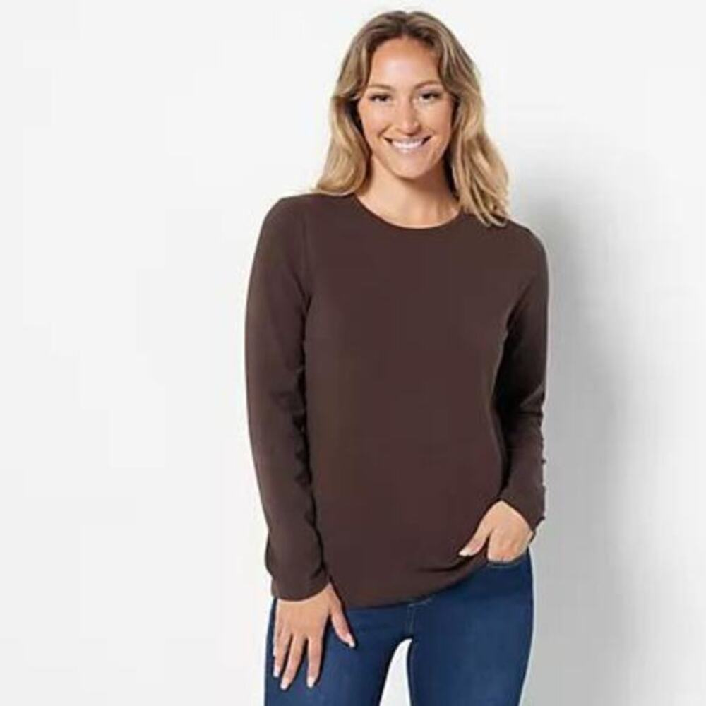Denim & Co.‎ Women's XL Brown Cotton Boat Neck Soft Stretch Long-Sleeve Top